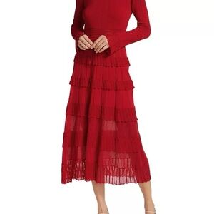 Lela Rose Red Knit Tiered Ruffle Midi-Dress